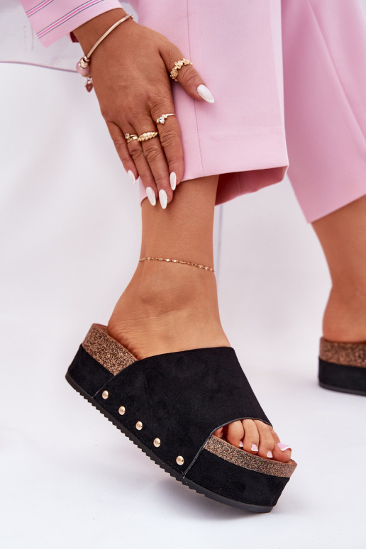 Chaussons pour femmes avec plateforme en daim synthétique noir Vinnibe