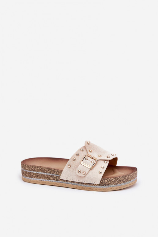 Chaussons pour femmes avec plateforme, boucles et pointes couleur sable Nusithia