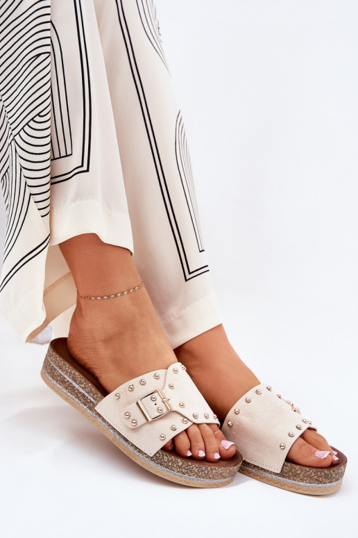 Chaussons pour femmes avec plateforme, boucles et pointes couleur sable Nusithia