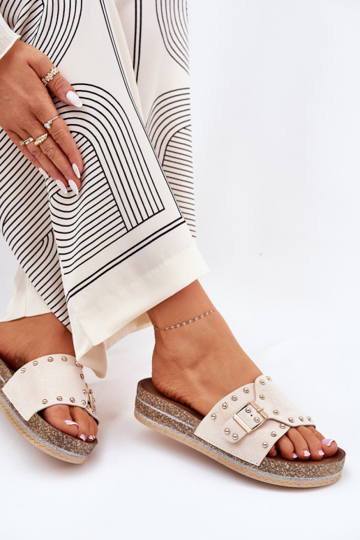 Chaussons pour femmes avec plateforme, boucles et pointes couleur sable Nusithia