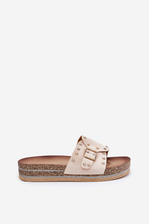 Chaussons pour femmes avec plateforme, boucles et pointes couleur sable Nusithia
