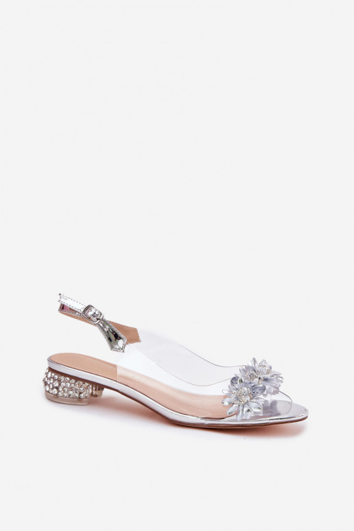 Zilveren doorzichtige sandalen met lage hak en decoratie D&A MR51-709
