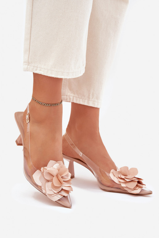 Nude transparente Sandalen mit dünnen Absätzen und dekorativen Blumen Risalie