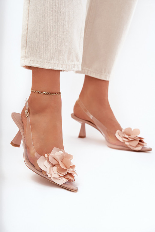 Nude doorzichtige sandalen met dunne hakken en decoratieve bloemen Risalie