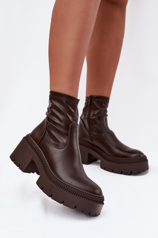 Damen Stiefeletten auf massiven Absätzen und Plattform aus braunem Kunstleder Elvianne