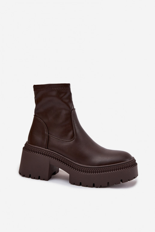 Damen Stiefeletten auf massiven Absätzen und Plattform aus braunem Kunstleder Elvianne