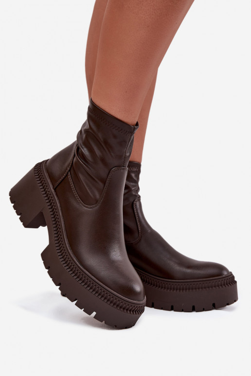 Bottines pour femmes sur talons épais et plateforme en simili cuir marron Elvianne