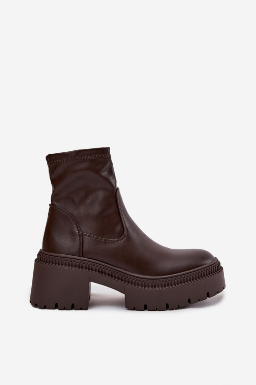 Bottines pour femmes sur talons épais et plateforme en simili cuir marron Elvianne