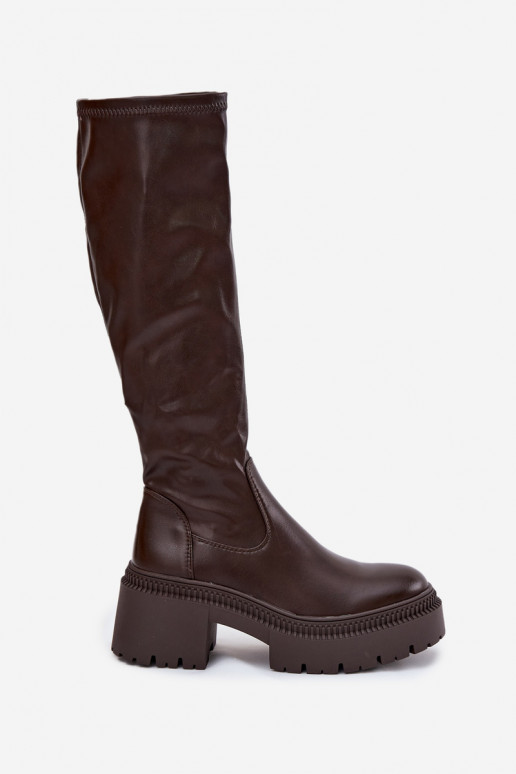Bottes hautes pour femmes sur talons épais et plateforme en brun Florinne