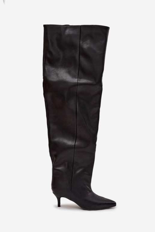 Damen kniehohe Stiefel zum Hineinschlüpfen mit schmalen Absätzen in schwarz Ysolienne