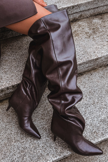 Bottes hautes pour femmes à enfiler avec talons fins en chocolat Ysolienne