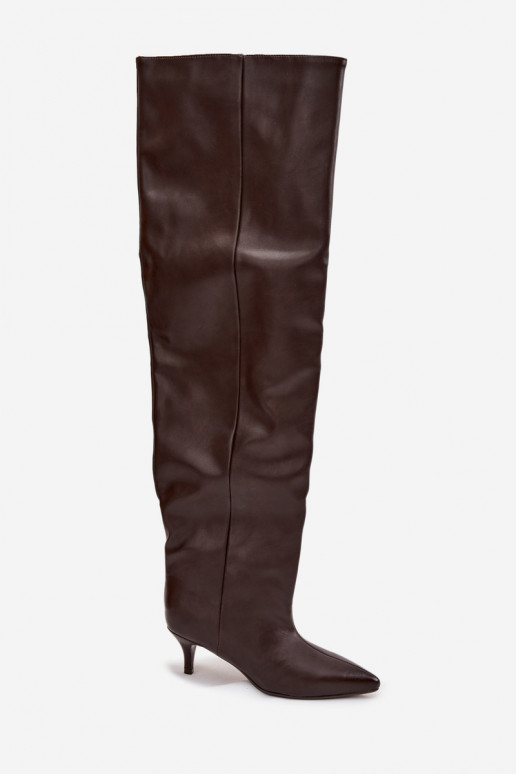 Damen kniehohe Stiefel zum Hineinschlüpfen mit schmalen Absätzen in schokoladenfarben Ysolienne