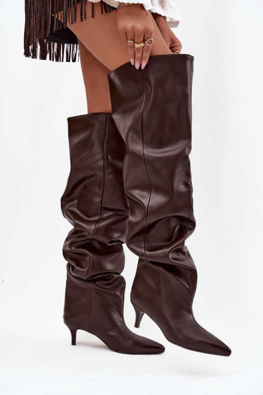 Bottes hautes pour femmes à enfiler avec talons fins en chocolat Ysolienne