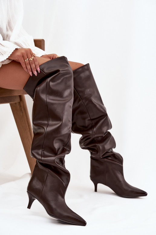 Bottes hautes pour femmes à enfiler avec talons fins en chocolat Ysolienne