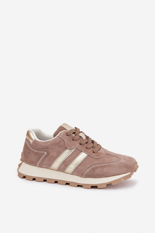 Zandkleurige dames sneakers van faux suede op een platform S.Barski LR61-7097