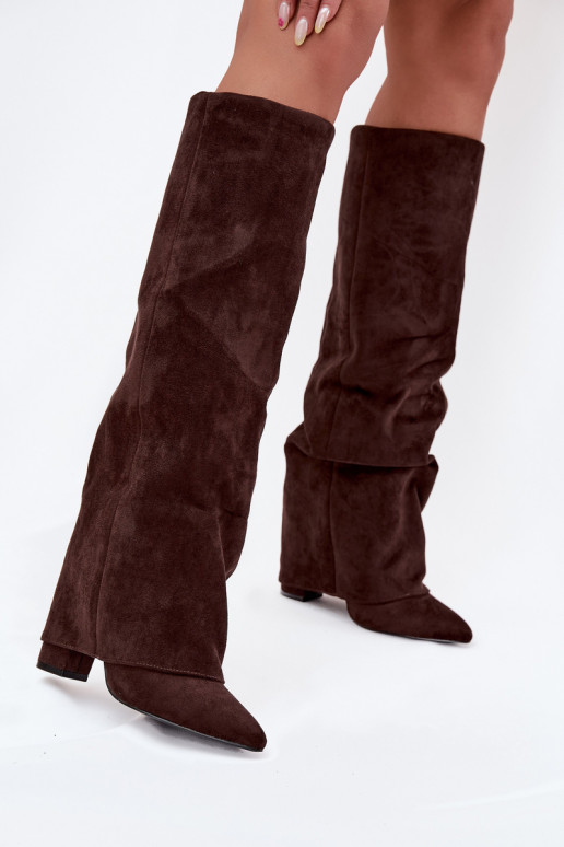 Damen Stiefel gefüttert mit Einsätzen und Absätzen aus Kunstveloursleder schokoladenfarben Elivira