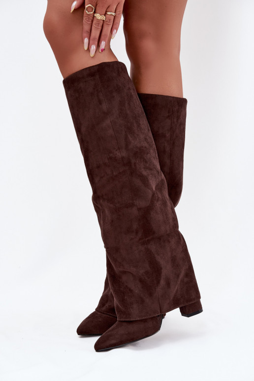 Bottes hautes femmes doublées avec inserts et talons en faux daim chocolat Elivira