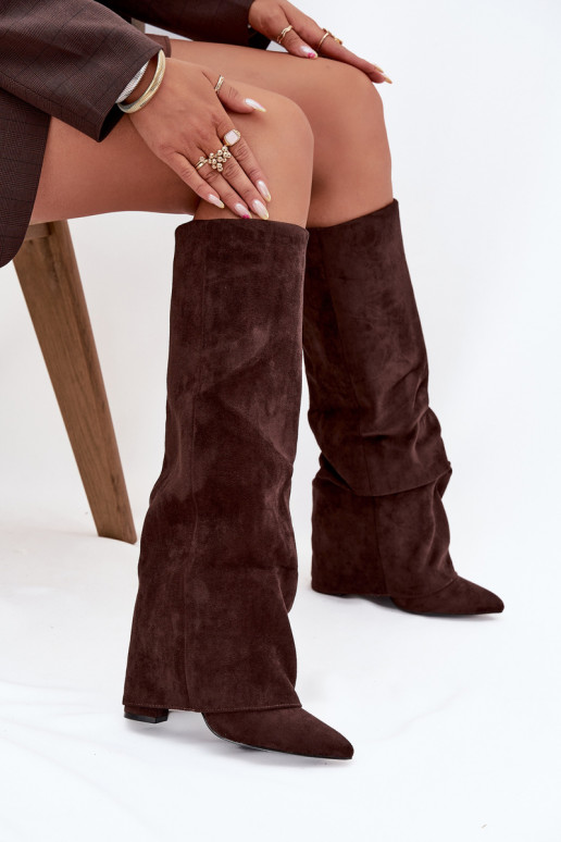 Damen Stiefel gefüttert mit Einsätzen und Absätzen aus Kunstveloursleder schokoladenfarben Elivira