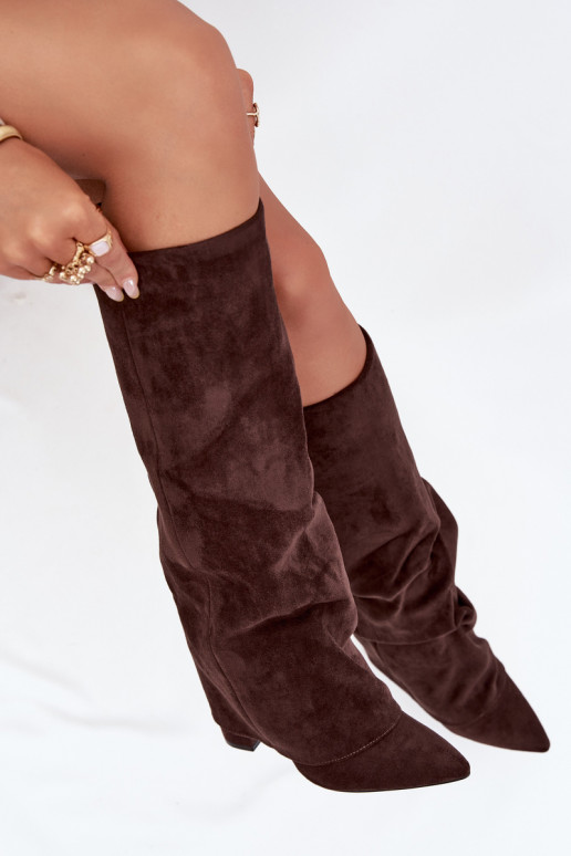Dames lange laarzen gevoerd met inzetstukken en hakken van faux suede chocolade Elivira