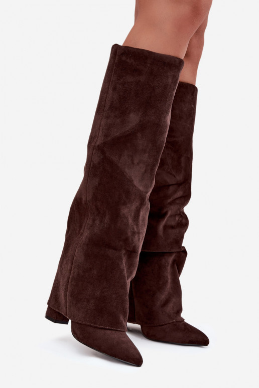 Bottes hautes femmes doublées avec inserts et talons en faux daim chocolat Elivira