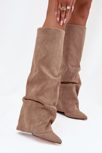 Bottes hautes femmes doublées avec inserts et talons en faux daim sable Elivira 2