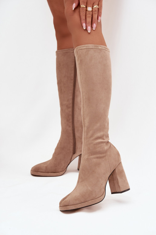 Bottes hautes femmes avec inserts sur talon carré sable Brivana
