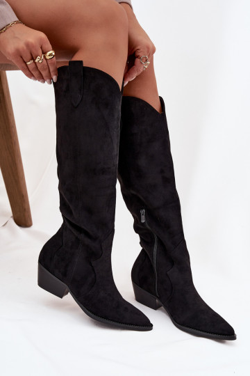 Kniehohe Stiefel aus Kunstveloursleder im Cowboy-Stil mit Absätzen schwarz Jenaya