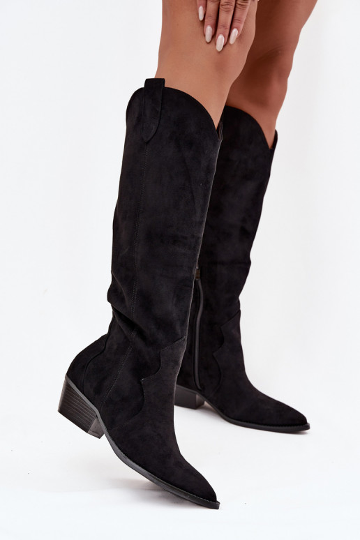 Lange laarzen van faux suede in cowboystijl met hakken zwart Jenaya