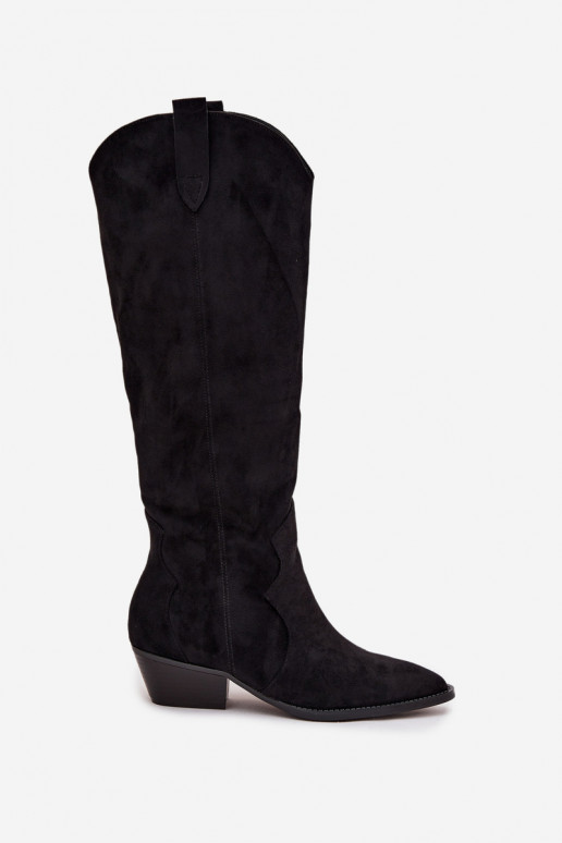 Lange laarzen van faux suede in cowboystijl met hakken zwart Jenaya
