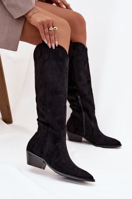 Lange laarzen van faux suede in cowboystijl met hakken zwart Jenaya