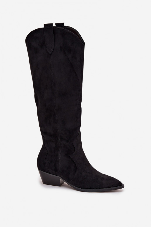 Bottes hautes en faux daim style cowboy avec talons noirs Jenaya