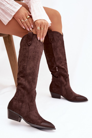 Bottes hautes en faux daim style cowboy avec talons chocolat Jenaya
