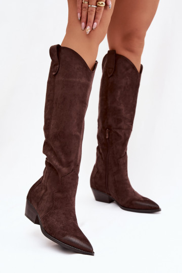 Lange laarzen van faux suede in cowboystijl met hakken chocolade Jenaya 2