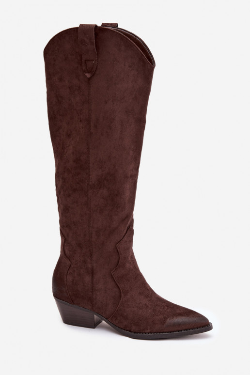Lange laarzen van faux suede in cowboystijl met hakken chocolade Jenaya