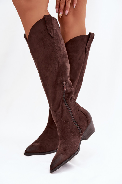 Kniehohe Stiefel aus Kunstveloursleder im Cowboy-Stil mit Absätzen schokoladenfarben Jenaya