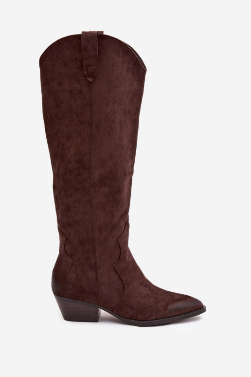 Bottes hautes en faux daim style cowboy avec talons chocolat Jenaya