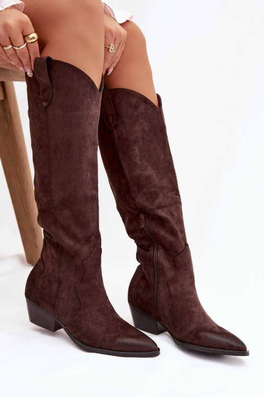 Bottes hautes en faux daim style cowboy avec talons chocolat Jenaya