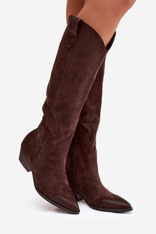 Bottes hautes en faux daim style cowboy avec talons chocolat Jenaya