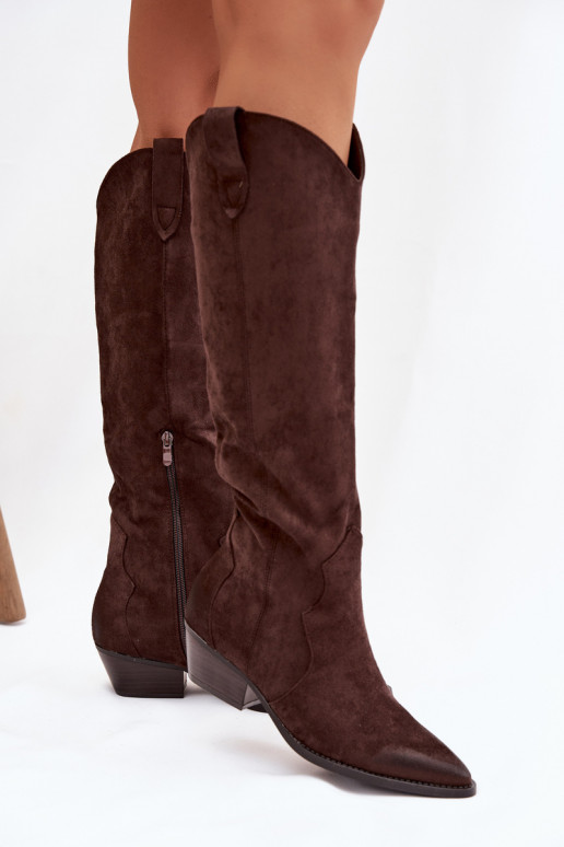 Kniehohe Stiefel aus Kunstveloursleder im Cowboy-Stil mit Absätzen schokoladenfarben Jenaya