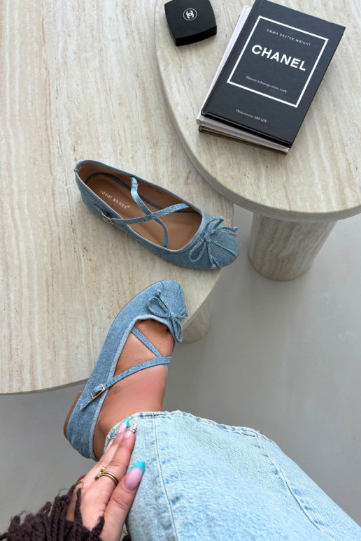 Denim Ballerinas mit Bändern Kokardką