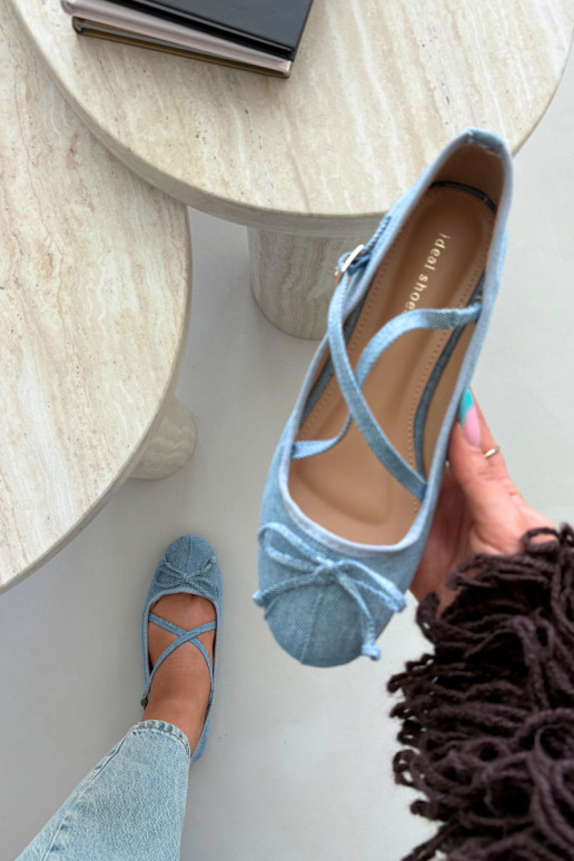 Denim Ballerinas mit Bändern Kokardką