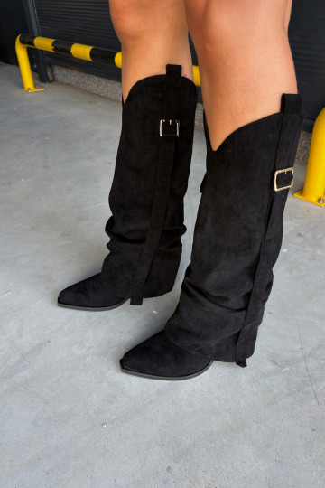 Schwarze Damenstiefel bis zum Knie mit Absätzen und Schnallen Caster 2