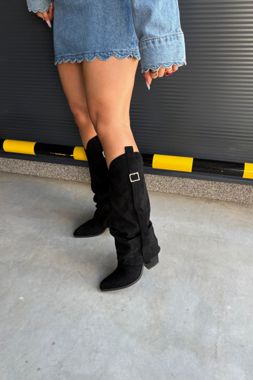 Bottes noires pour femmes jusqu'au genou avec talons et boucles Caster