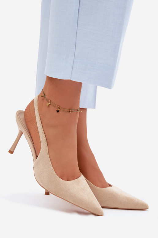 Sandkleurige damessandalen met dunne hakken van faux suede Kevina