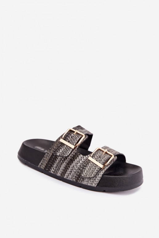 Gouden dames slippers met gespen en platform in zwart Meretta