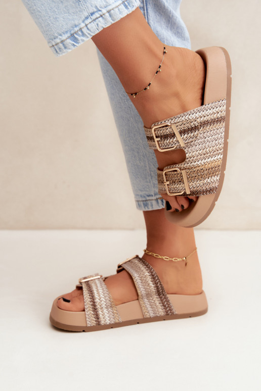 Chaussons dorés pour femmes avec boucles et plateforme en sable et marron Meretta