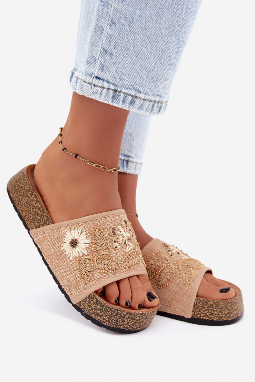 Chaussons de plateforme sable pour femmes avec décoration Ledina