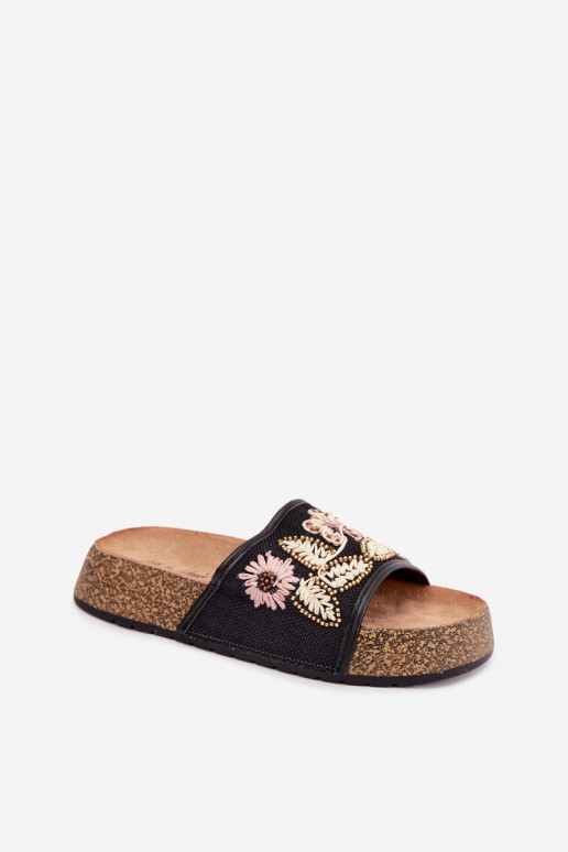 Schwarze Damen-Platform-Slipper mit Dekoration Ledina