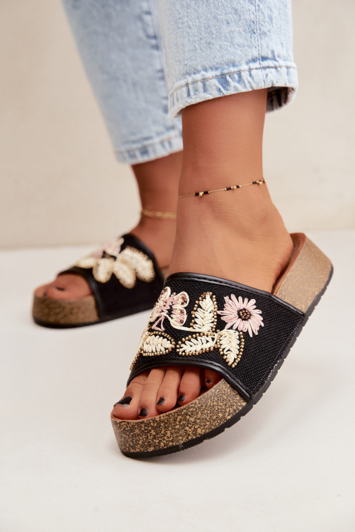 Chaussons de plateforme noirs pour femmes avec décoration Ledina