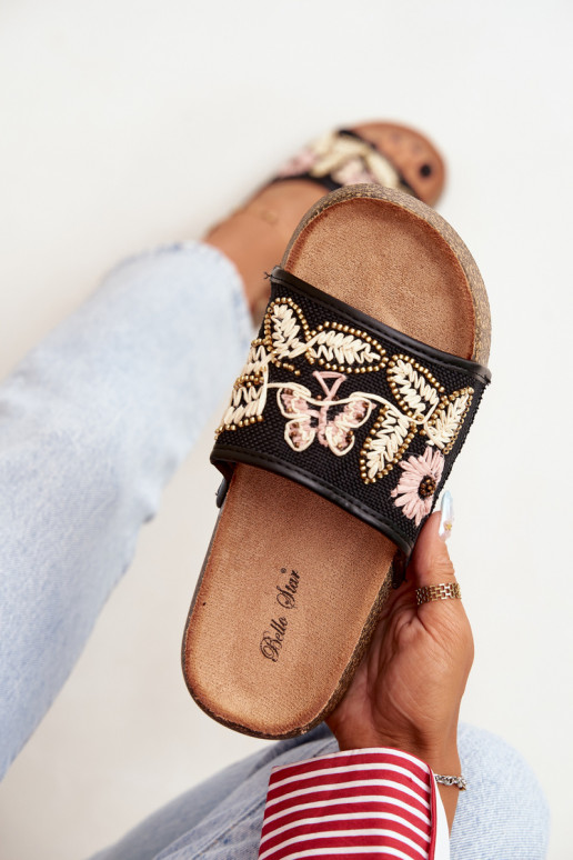 Schwarze Damen-Platform-Slipper mit Dekoration Ledina